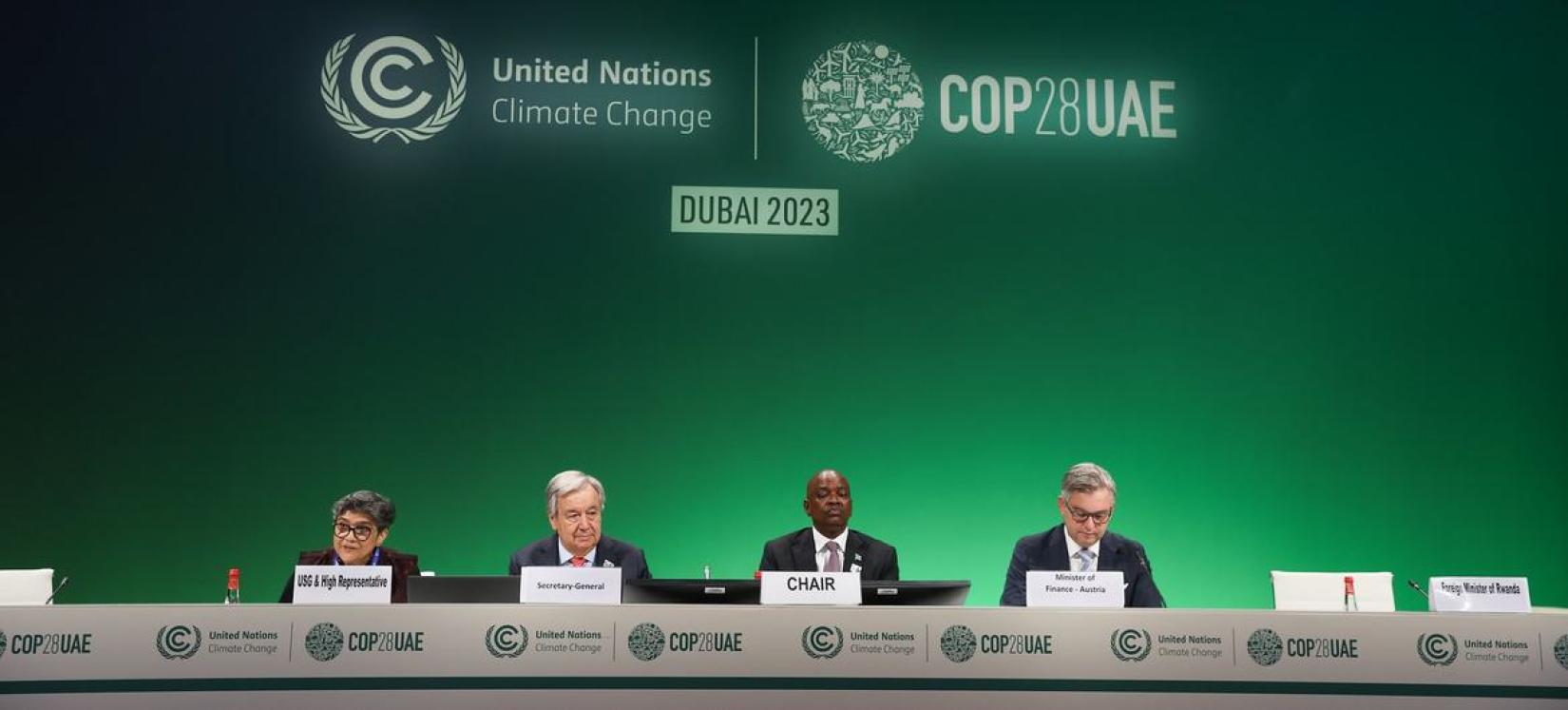 UN Secretary-General António Guterres (centre left) and other panellist at the High-Level meeting on Landlocked Developing Countries (LLDCs) held during the World Climate Action Summit at COP28, in Dubai, United Arab Emirates.